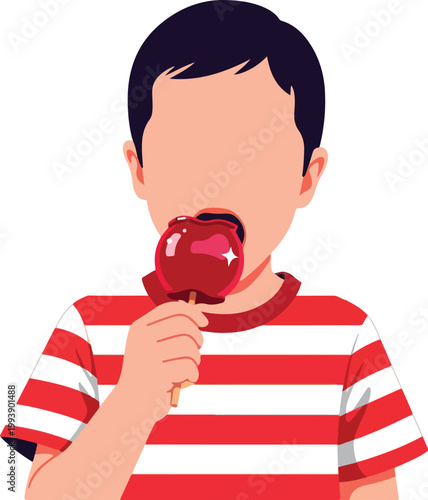 Suitable for children's designs, party invitations, or food-related concepts. A cartoon boy happily eating a red candy apple, creating a playful and fun aesthetic.