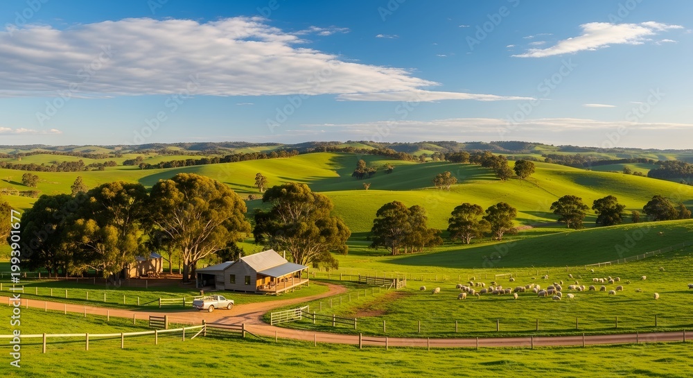 Obraz premium A serene rural landscape with a farmhouse and rolling green hills on Cinco de Mayo