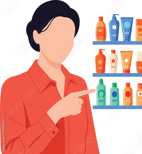 A cartoon woman pointing at colorful cosmetic products on shelves