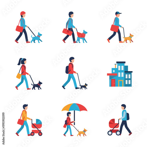 People Walking Dogs, Strolling Babies, and City Buildings Flat Icons