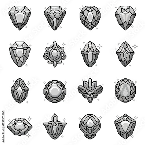 This is a collection of sixteen different pixel art icons featuring various grayscale crystal and gem designs on a plain white background.