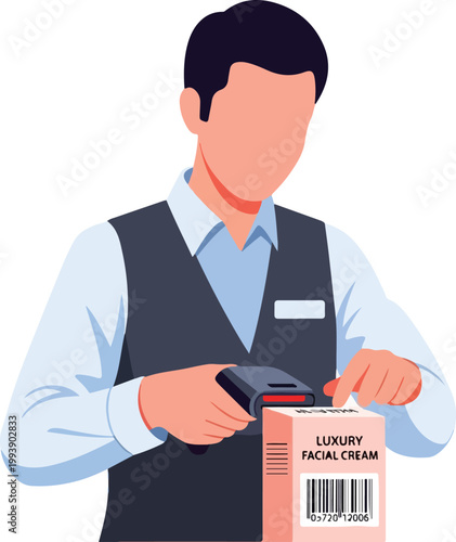 Suitable for business, retail, or skincare designs. A faceless employee scans a box of luxury facial cream with a barcode scanner.