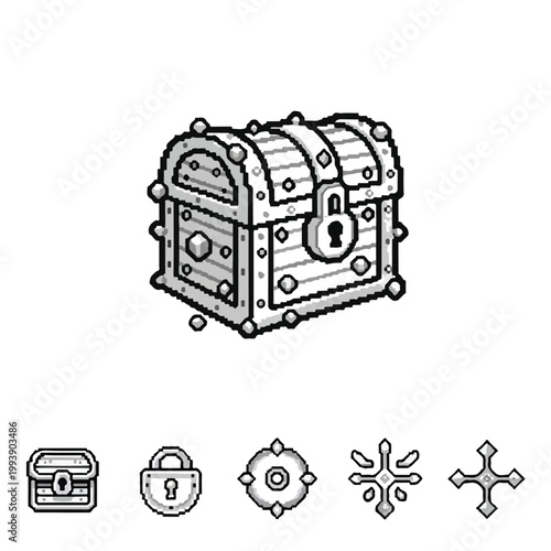 A monochrome pixel art set featuring a detailed, locked treasure chest accompanied by five smaller fantasy adventure game icons.