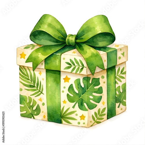 Watercolor gift box with green satin ribbon and tropical leaf pattern isolated on white background 