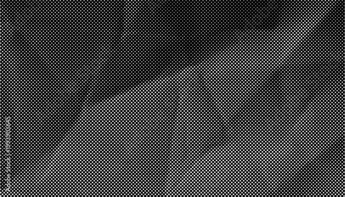 Black crumpled halftone paper sheet with dotted grain and damaged folds. Rough comic pop-art texture background with aged distressed look.