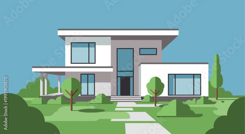 Modern Flat Design House Exterior with Green Landscape and Blue Sky