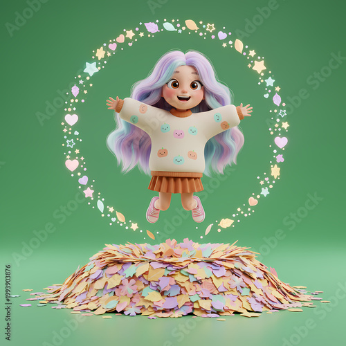 Thanks Girl Jump and Colorful Leaf Pile on Green Background