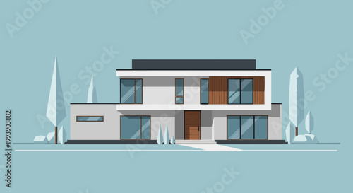 Modern Flat Design House Exterior with Large Windows and Geometric Trees
