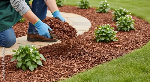 Gardener spreading brown mulch around green plants in a backyard garden for landscaping and yard maintenance in spring season