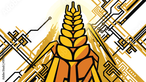 Golden Wheat Sheaf on Circuit Pattern Background for Technological Agriculture