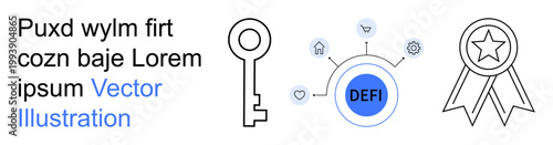 Blockchain, fintech, data security, digital assets, innovation, and finance. Key, decentralized finance node symbol award ribbon. Blockchain and fintech concepts prominently illustrated