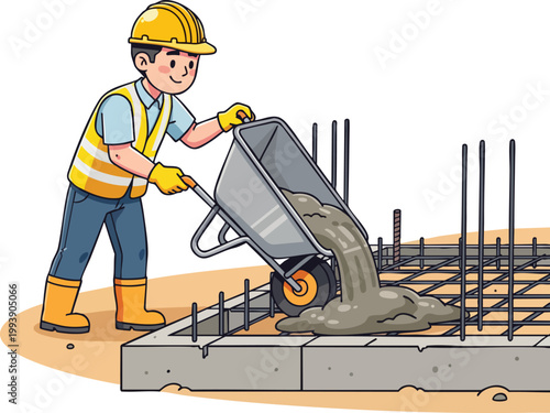 Diligent construction worker in safety gear carefully pours fresh concrete from a wheelbarrow onto a rebar foundation, establishing the groundwork for a new building project