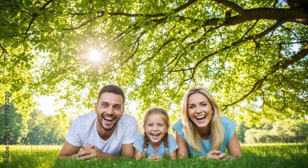 Fototapeta premium Happy family lies together on the green grass under a large tree in a sunlit park.