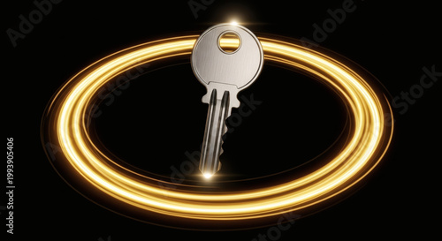 Illuminated golden oval encircling a silver key, symbolizing access and security in a dark, mysterious environment