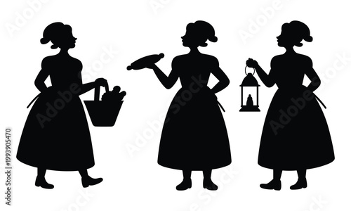 Historical women silhouettes with basket, rolling pin, and lantern for vintage, domestic, and rural life illustration.