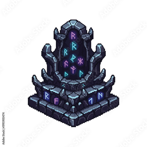 This detailed isometric pixel art vector depicts a mystical stone altar adorned with glowing ancient runes in vibrant purple and blue hues.