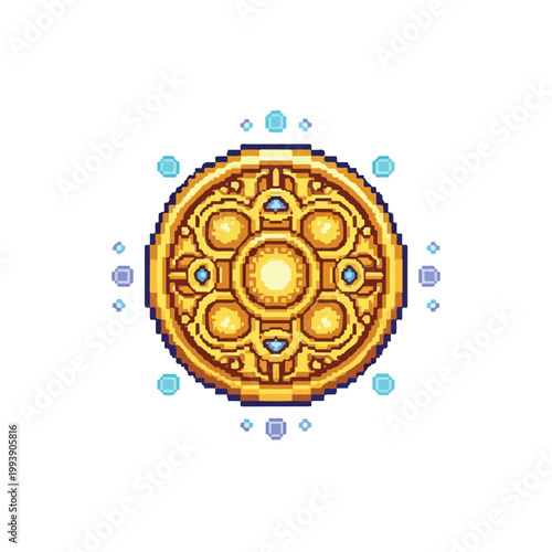 An intricate golden medallion in pixel art style, featuring glowing centers and surrounded by floating light blue mystical gem fragments.