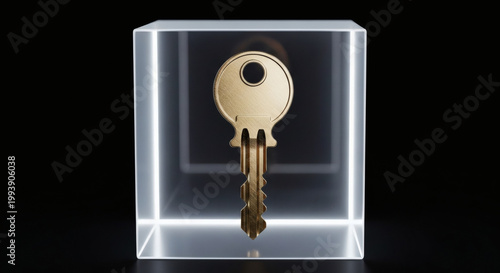 Gleaming golden key encased in a luminous transparent cube, abstractly symbolizing secure digital access, unlocking vital solutions, and representing key insights in a technological concept