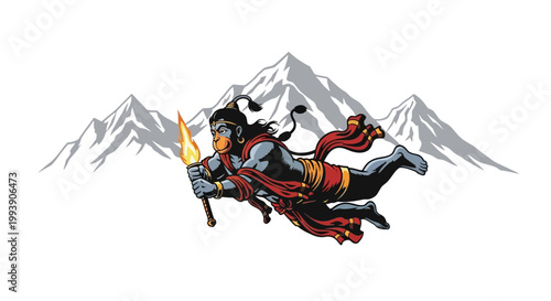 Hanuman Flying with Torch in Mountains - Mythological Character