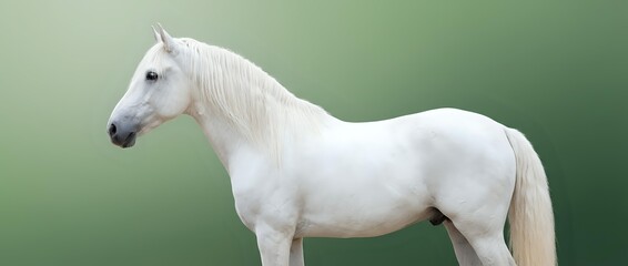 Majestic white horse standing in profile against soft green background, showcasing elegant equine beauty and grace for equestrian and nature photography.