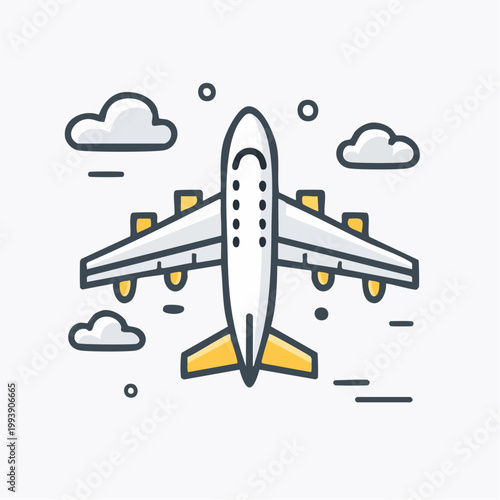 Airplane icon soars through clouds in daytime sky with wings and engines