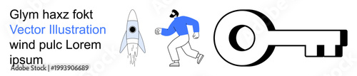 Innovation, exploration, technology, human effort, startup ideas, security. ion of a rocket, a running person and a key. Innovation and exploration concepts