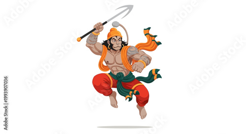 Hanuman Warrior Flying with Mace, Hindu Mythology, Indian Culture, God, Hero