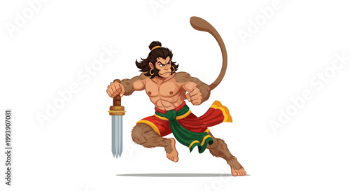 Canvas Print Hanuman warrior with sword, Hindu mythology, powerful monkey god, dynamic pose,