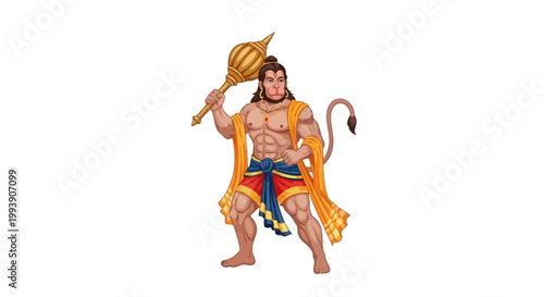 Hanuman, Hindu deity, god, monkey, warrior, holding mace, strong, powerful, illustration