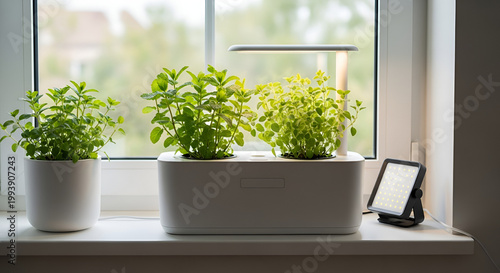 Indoor herb garden featuring fresh mint and oregano plants illuminated by LED grow lights on a windowsill creating a modern kitchen ambiance