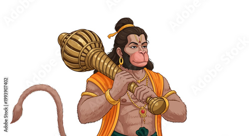 Lord Hanuman holding Gada Mace, Hindu deity, monkey god, warrior, strength, devotion