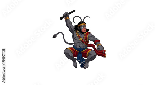 Lord Hanuman illustration, Hindu deity, powerful monkey god, warrior pose