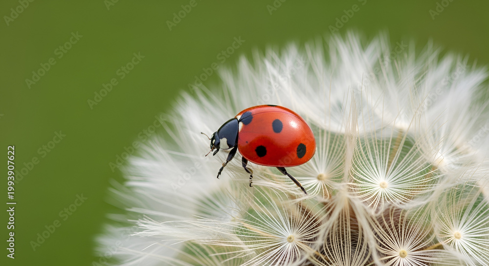 Fototapeta premium Ladybug resting delicately on a fluffy dandelion seed head in a macro shot showcasing its vibrant red shell against the soft white seedhead