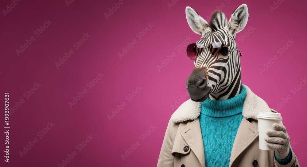 Fototapeta premium Stylish zebra dressed in winter clothing holds a beverage against a pink backdrop.