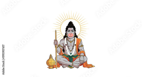 Lord Hanuman Sitting with Mace and Halo - Hindu Deity Illustration