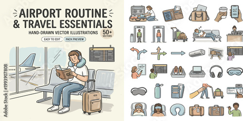 Comprehensive Hand-Drawn Vector Icons Set for Airport Routine and Travel Essentials A Modern Graphic Collection for Journey and Vacation Planning