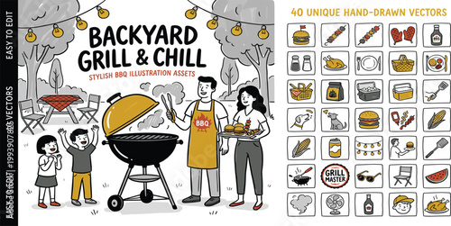 Charming hand-drawn vector illustration set depicting a joyful family backyard barbecue party with a grill, food, and outdoor summer icons