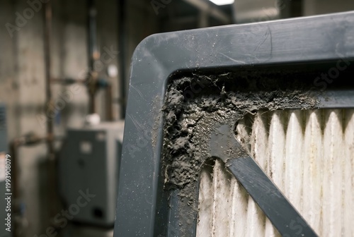 Macro close-up of a commercial HVAC filter frame encrusted with compacted dust and oily grime