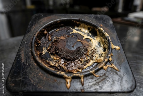 Macro close-up of an espresso tamping stand indent pooled with dried coffee sludge and milk fats