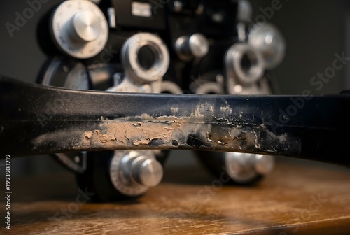 Macro close-up of an optometry phoropter forehead rest accumulated with hardened makeup and skin oils