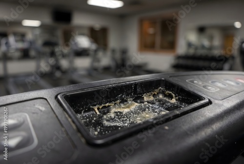 Macro close-up of a treadmill emergency stop housing pooled with dried sweat and sports drink residue