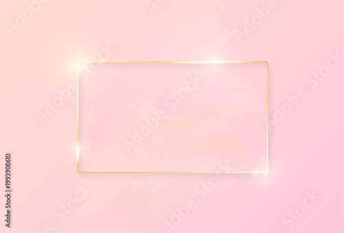 Gold shiny glowing rectangle frame with rose pastel brush strokes isolated on pink background. Golden luxury line border for invitation, card, sale, fashion, wedding, photo etc. Vector illustration
