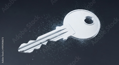 Unlock Your Potential A Shiny Silver Key Symbolizing Opportunity, Access, and Solutions on a Dark, Speckled Background
