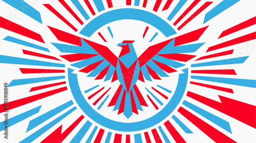 An abstract design of a blue and red eagle, with a symbol of freedom. A geometric image with wings outstretched and a halo of rays, symbolizing power and innovation