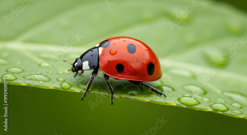 Macro photograph of a vibrant red ladybug with black spots perched on a lush green leaf covered in glistening water droplets