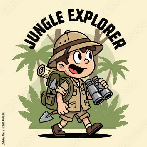 Cartoon Jungle Explorer Boy with Binoculars and Backpack.