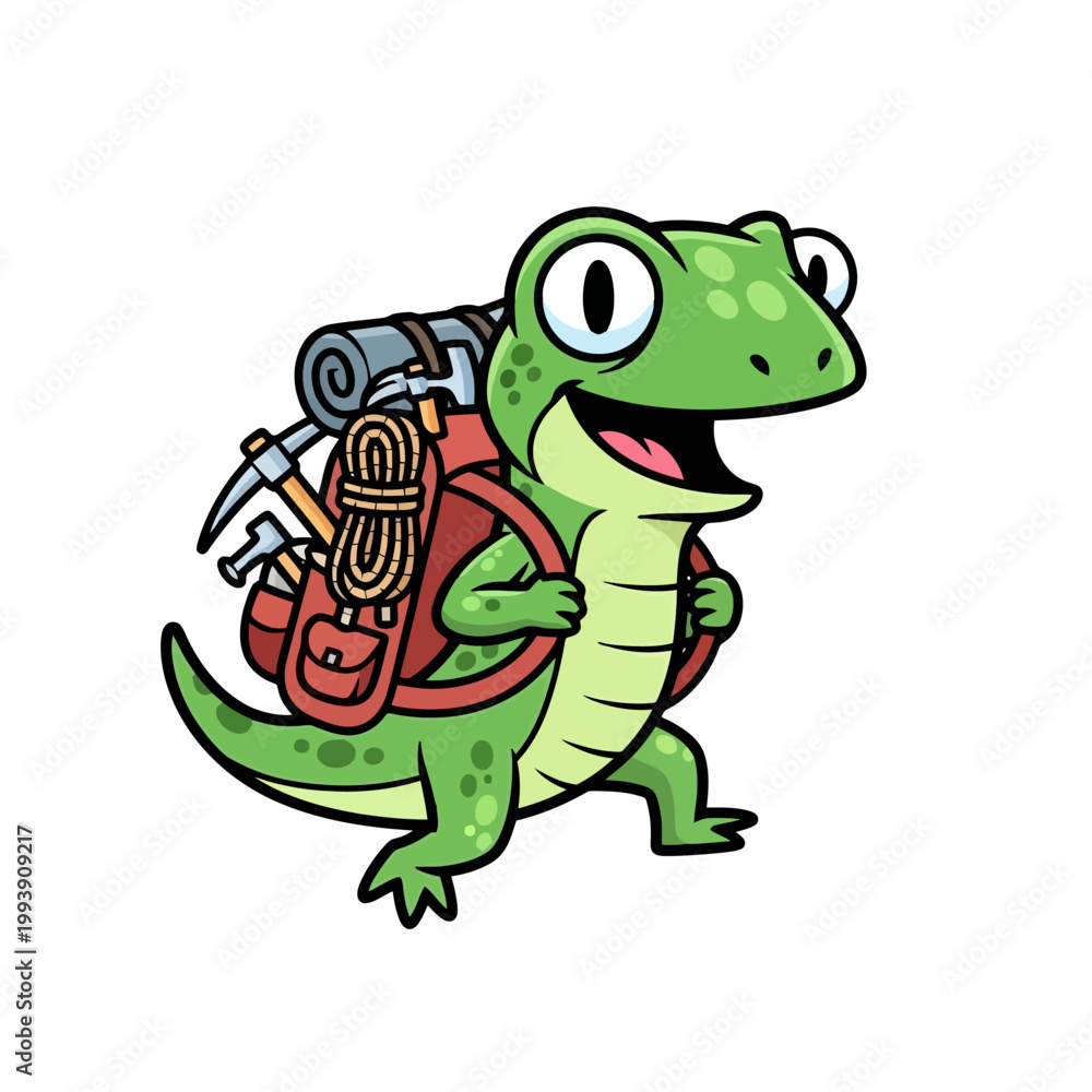 Fototapeta premium Cartoon Lizard Ready for Adventure with Backpack and Hiking Gear.