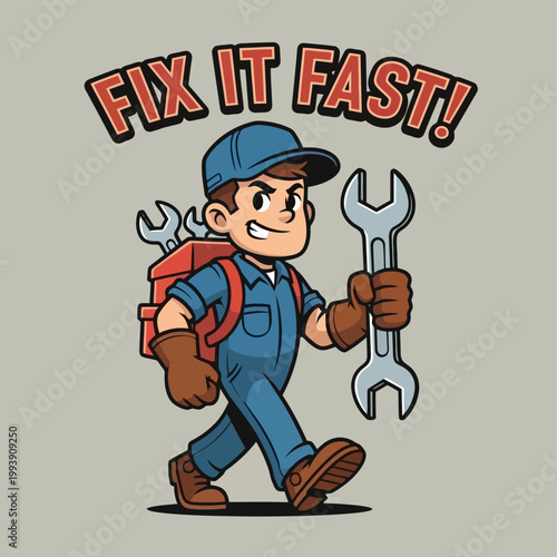 Cartoon Mechanic Ready to Fix Problems Quickly with Tools.