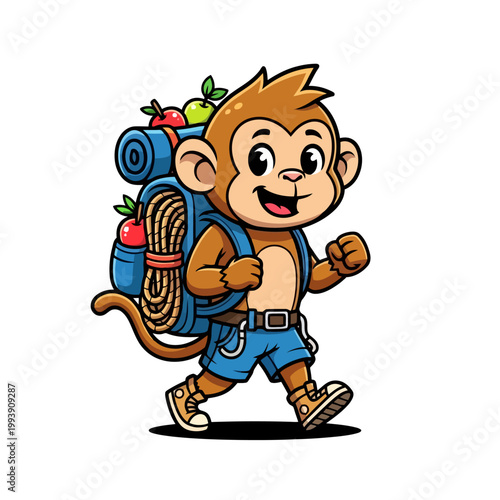 Cartoon monkey hiking with backpack full of apples and rope.
