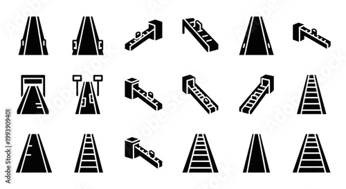 Black and white construction cone icons, roadblock warning signs, traffic cone symbols, 20 isolated vector graphics
